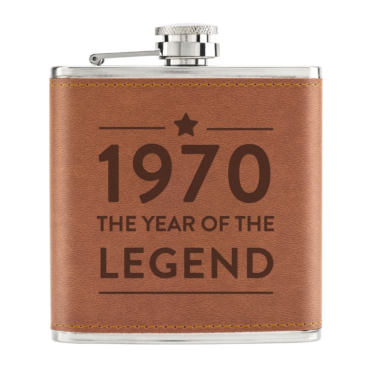 Personalised 6oz PU Leather Hip Flask Tan The Year Of The Legend