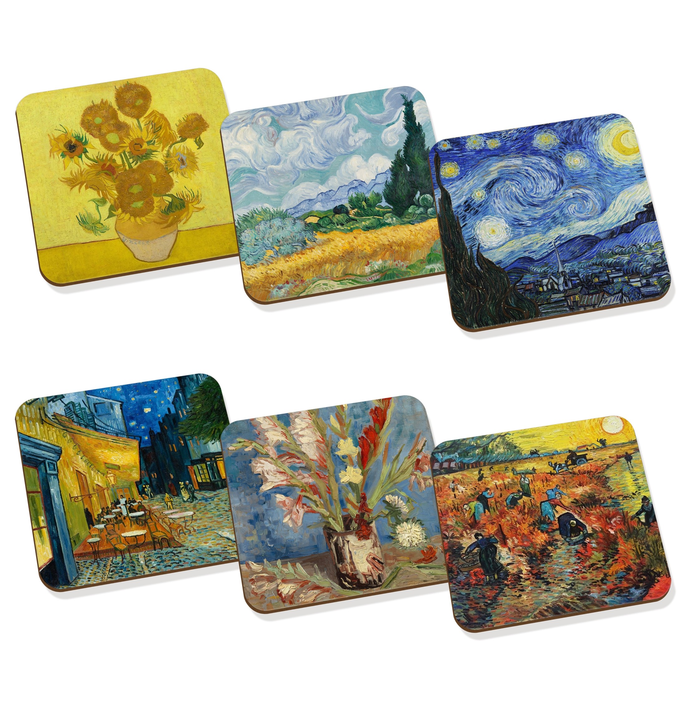 Van Gogh Paintings Drinks Coasters Mats Hardboard Set Of 6 - Sunflowers Starry Night