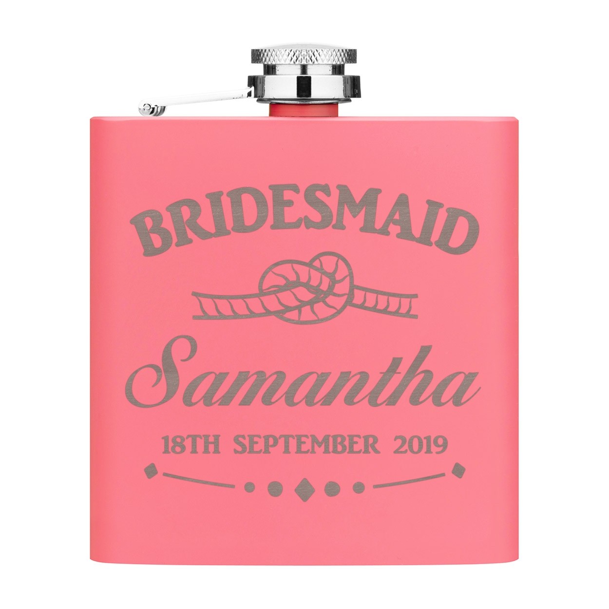 Personalised Custom 6oz Hip Flask Matte Pink Stainless Steel Any Name Date Wedding Knot